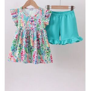 Abby & Evie
BLUE BRIGHT FLORAL DRESS RUFFLE SHORTS SET BABY GIRLS 12 Months NWT